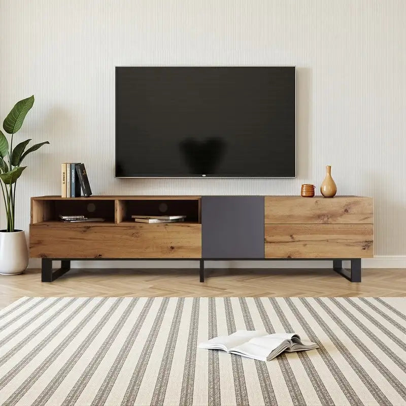 Mobile TV Moderno per TV Fino a 80 Pollici, Mobile Porta TV con Doppio Contenitore e Anta a Ribalta