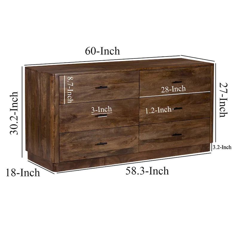 Comò a 6 cassetti da 60 pollici in legno di mango color noce