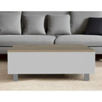 Tavolino da caffè rettangolare con piano sollevabile, cassetto e ripiano in legno ingegnerizzato bianco e rovere chiaro 21,4 H x 31,5 L x 21,4 P