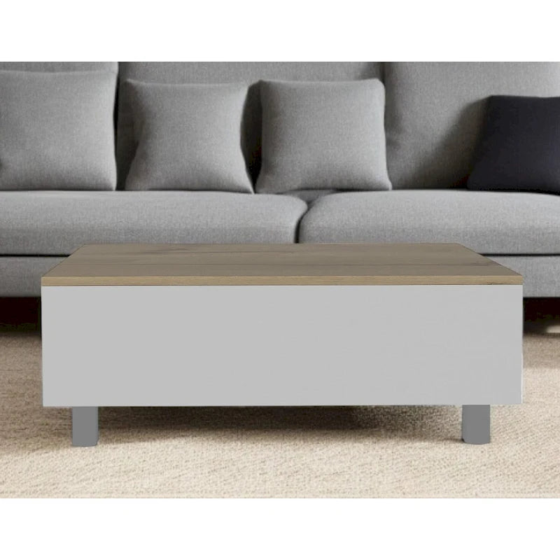 Tavolino da caffè rettangolare con piano sollevabile, cassetto e ripiano in legno ingegnerizzato bianco e rovere chiaro 21,4 H x 31,5 L x 21,4 P