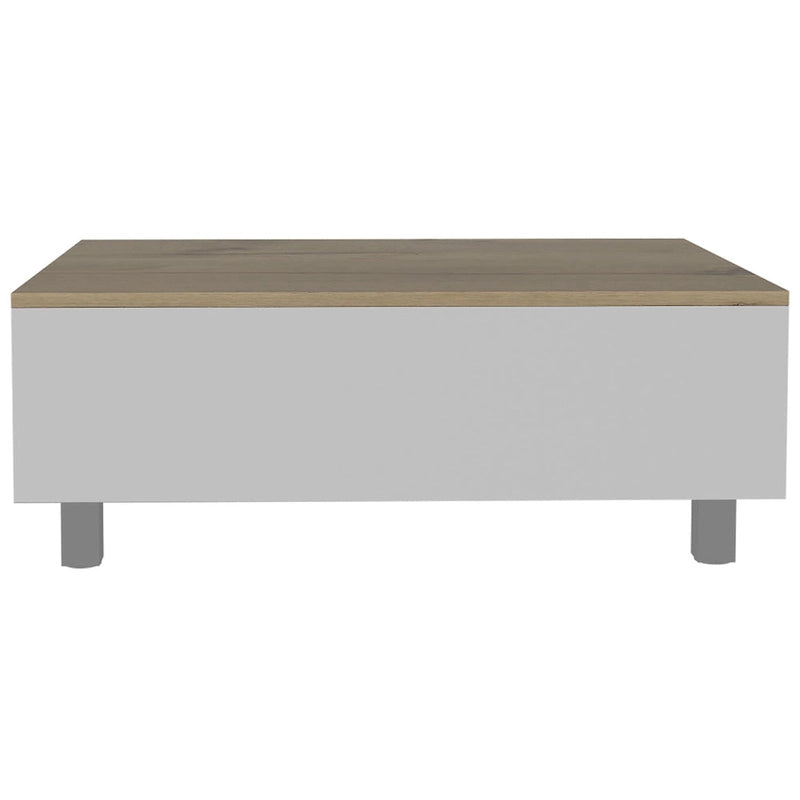 Tavolino da caffè rettangolare con piano sollevabile, cassetto e ripiano in legno ingegnerizzato bianco e rovere chiaro 21,4 H x 31,5 L x 21,4 P