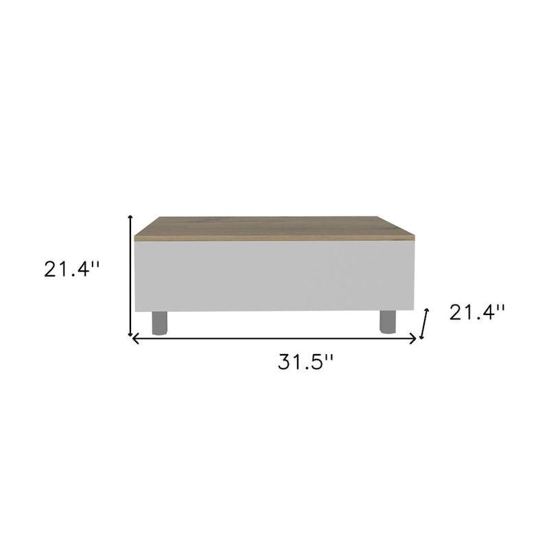 Tavolino da caffè rettangolare con piano sollevabile, cassetto e ripiano in legno ingegnerizzato bianco e rovere chiaro 21,4 H x 31,5 L x 21,4 P