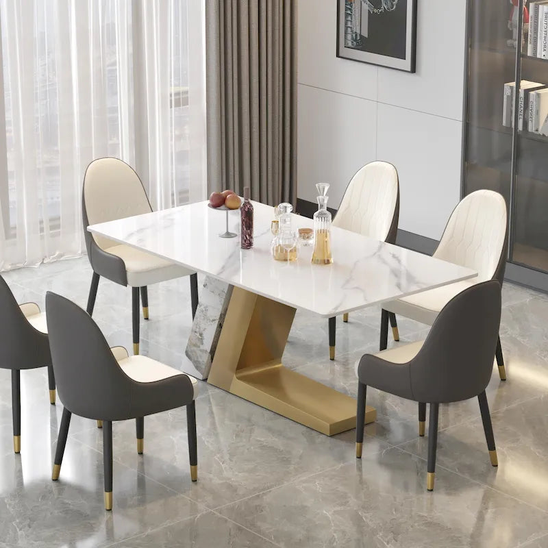 Tavolo da pranzo moderno con piano in pietra sinterizzata rettangolare bianco e gambe in metallo - 63/71/79