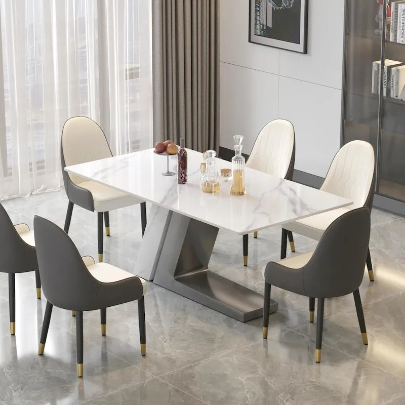 Tavolo da pranzo moderno con piano in pietra sinterizzata rettangolare bianco e gambe in metallo - 63/71/79