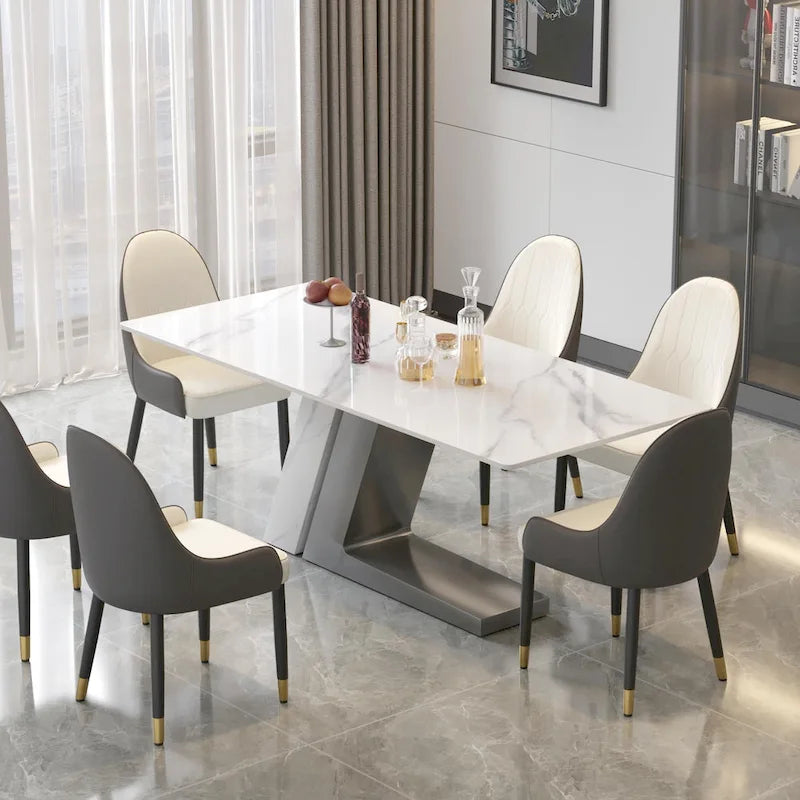 Tavolo da pranzo moderno con piano in pietra sinterizzata rettangolare bianco e gambe in metallo - 63/71/79
