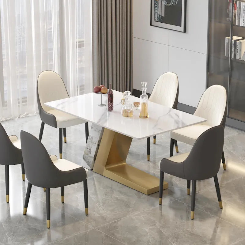 Tavolo da pranzo moderno con piano in pietra sinterizzata rettangolare bianco e gambe in metallo - 63/71/79