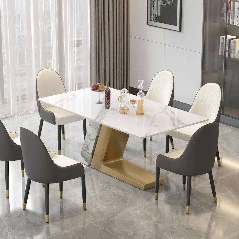 Tavolo da pranzo moderno con piano in pietra sinterizzata rettangolare bianco e gambe in metallo - 63/71/79