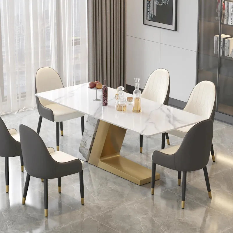 Tavolo da pranzo moderno con piano in pietra sinterizzata rettangolare bianco e gambe in metallo - 63/71/79