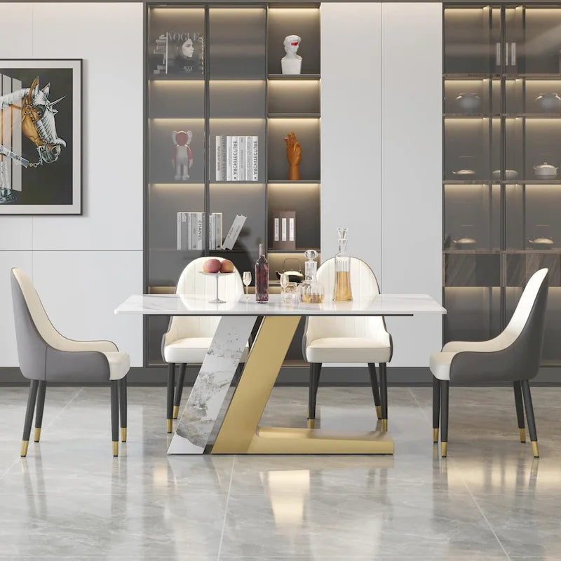 Tavolo da pranzo moderno con piano in pietra sinterizzata rettangolare bianco e gambe in metallo - 63/71/79