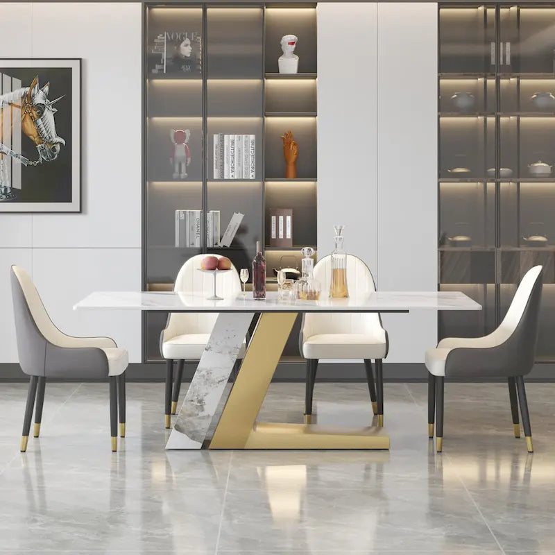 Tavolo da pranzo moderno con piano in pietra sinterizzata rettangolare bianco e gambe in metallo - 63/71/79