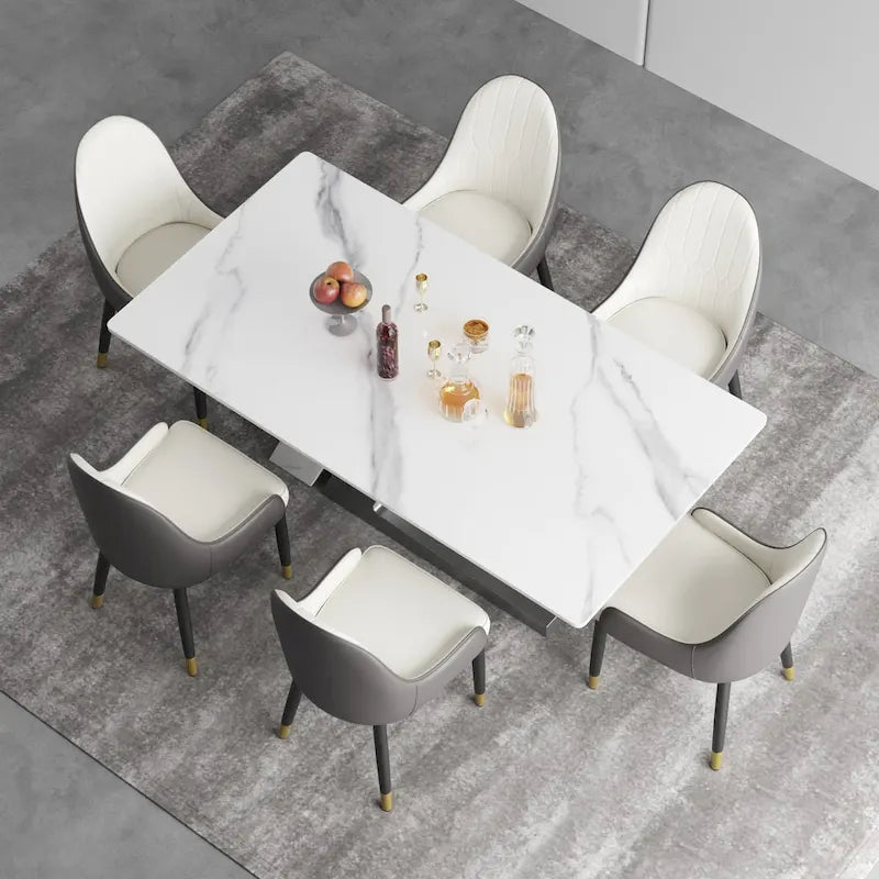 Tavolo da pranzo moderno con piano in pietra sinterizzata rettangolare bianco e gambe in metallo - 63/71/79