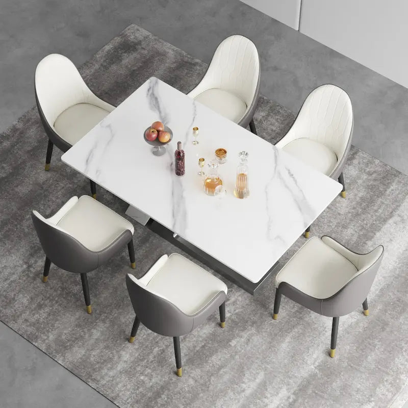 Tavolo da pranzo moderno con piano in pietra sinterizzata rettangolare bianco e gambe in metallo - 63/71/79
