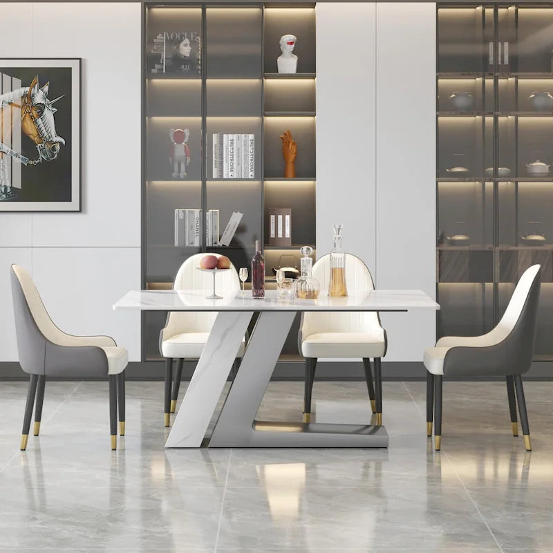 Tavolo da pranzo moderno con piano in pietra sinterizzata rettangolare bianco e gambe in metallo - 63/71/79