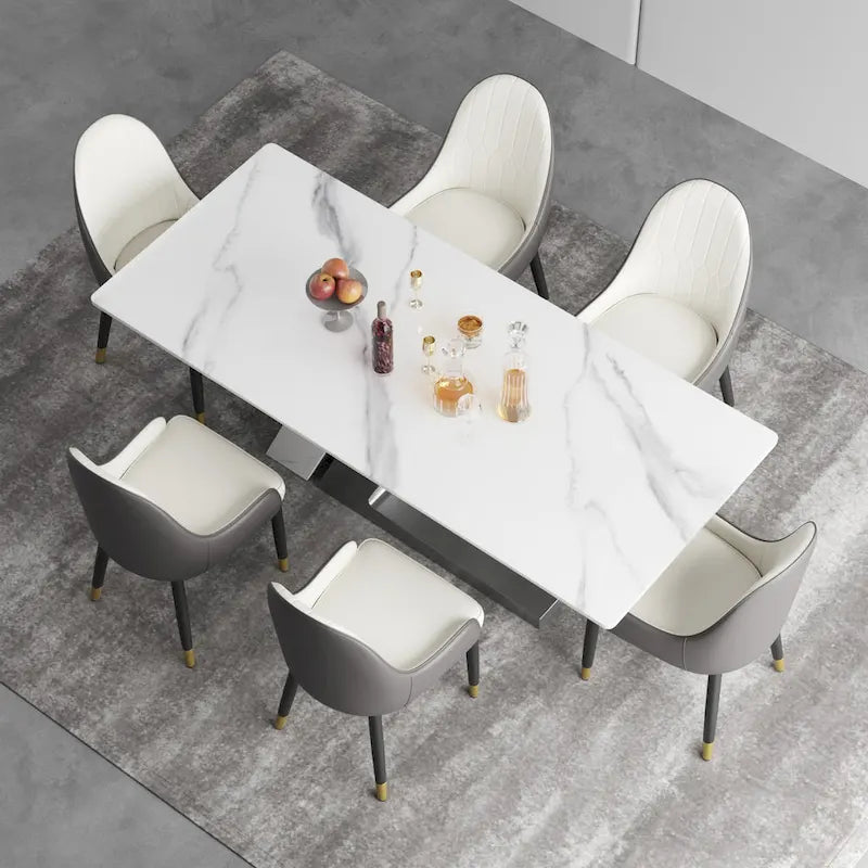 Tavolo da pranzo moderno con piano in pietra sinterizzata rettangolare bianco e gambe in metallo - 63/71/79