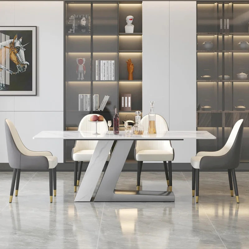 Tavolo da pranzo moderno con piano in pietra sinterizzata rettangolare bianco e gambe in metallo - 63/71/79