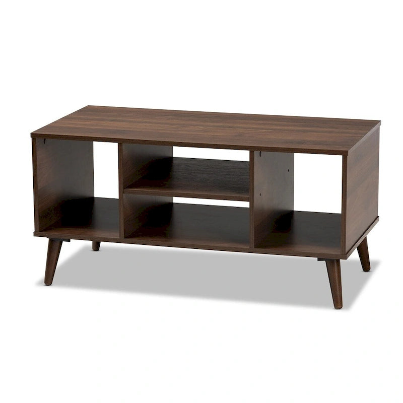 Tavolino da Caffè Mid-Century in Noce e Legno della Gomma con Ripiani Aperti
