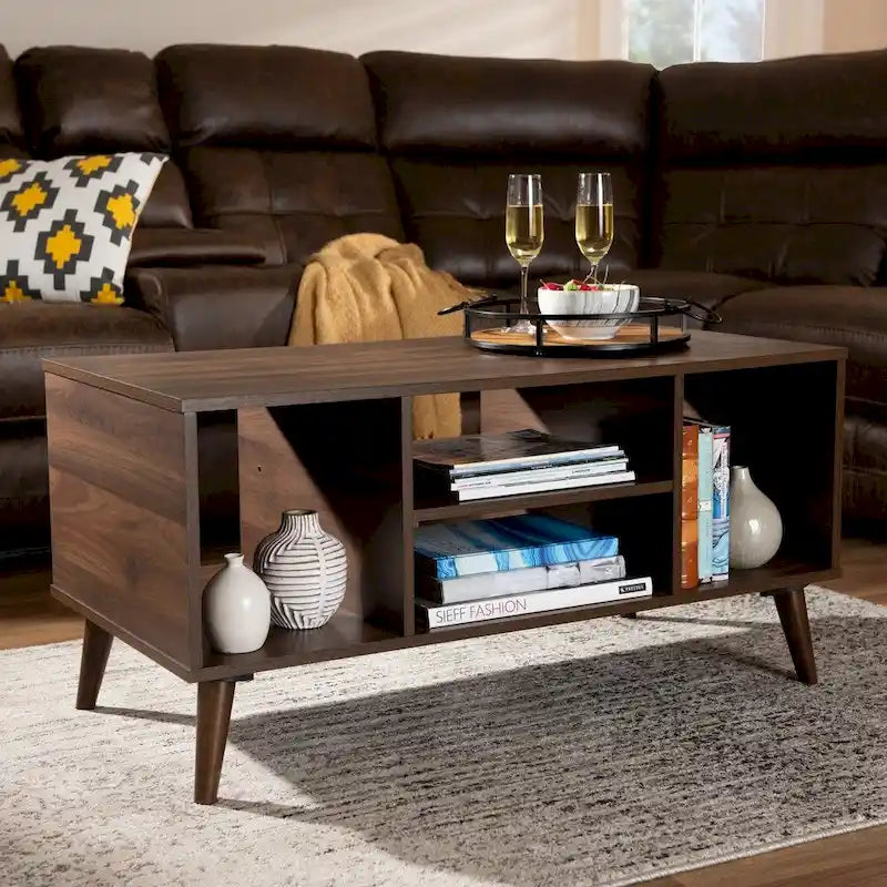 Tavolino da Caffè Mid-Century in Noce e Legno della Gomma con Ripiani Aperti