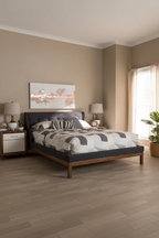Letto con piattaforma imbottito in tessuto contemporaneo con testiera ad alette