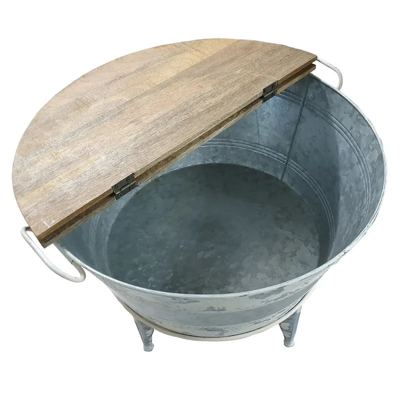Tavolino rotondo d'accento da 26 pollici, base in ferro a forma di tino, marrone, grigio, bianco slavato