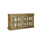 Credenza marrone a 4 ante con ferramenta in ferro battuto e pannelli in vetro