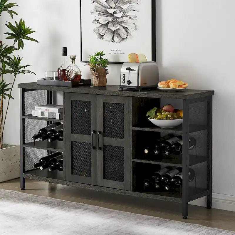 Mobile bar industriale per vini, Credenza porta liquori, Madia con portabottiglie e porta bicchieri 140 cm (L) x 35 cm (P) x 77 cm (A)
