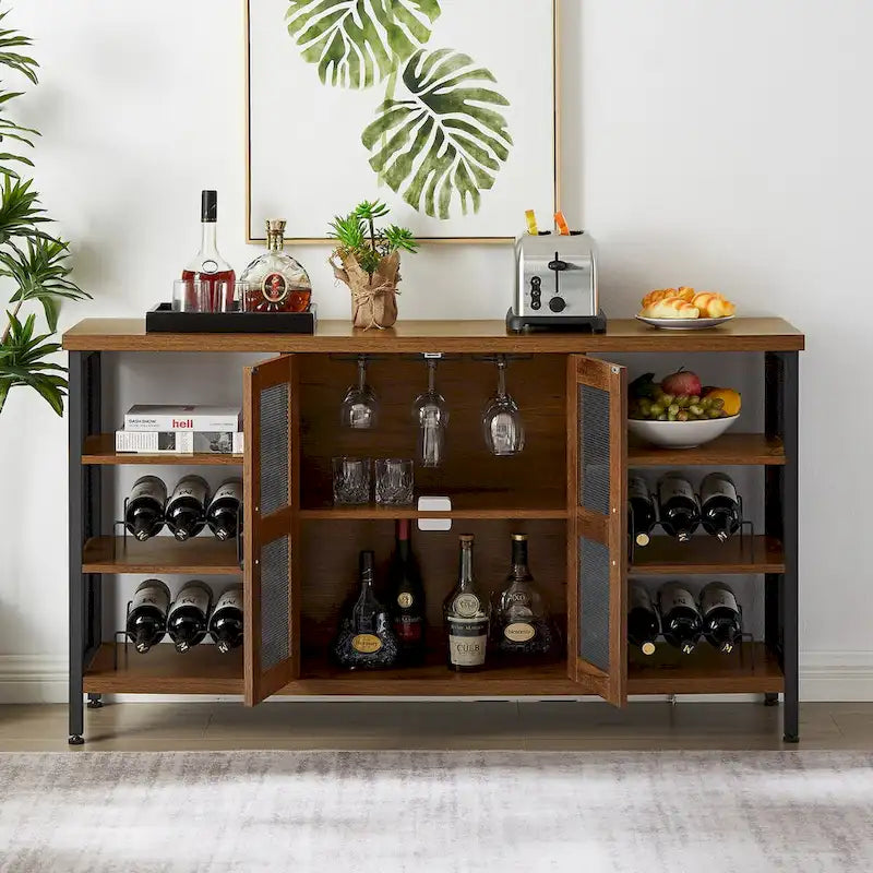 Mobile bar industriale per vini, Credenza porta liquori, Madia con portabottiglie e porta bicchieri 140 cm (L) x 35 cm (P) x 77 cm (A)