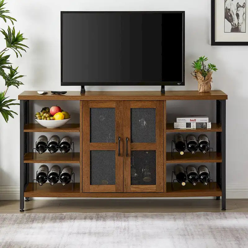 Mobile bar industriale per vini, Credenza porta liquori, Madia con portabottiglie e porta bicchieri 140 cm (L) x 35 cm (P) x 77 cm (A)