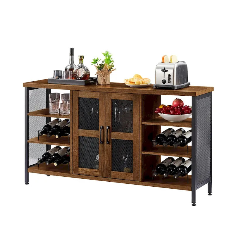 Mobile bar industriale per vini, Credenza porta liquori, Madia con portabottiglie e porta bicchieri 140 cm (L) x 35 cm (P) x 77 cm (A)