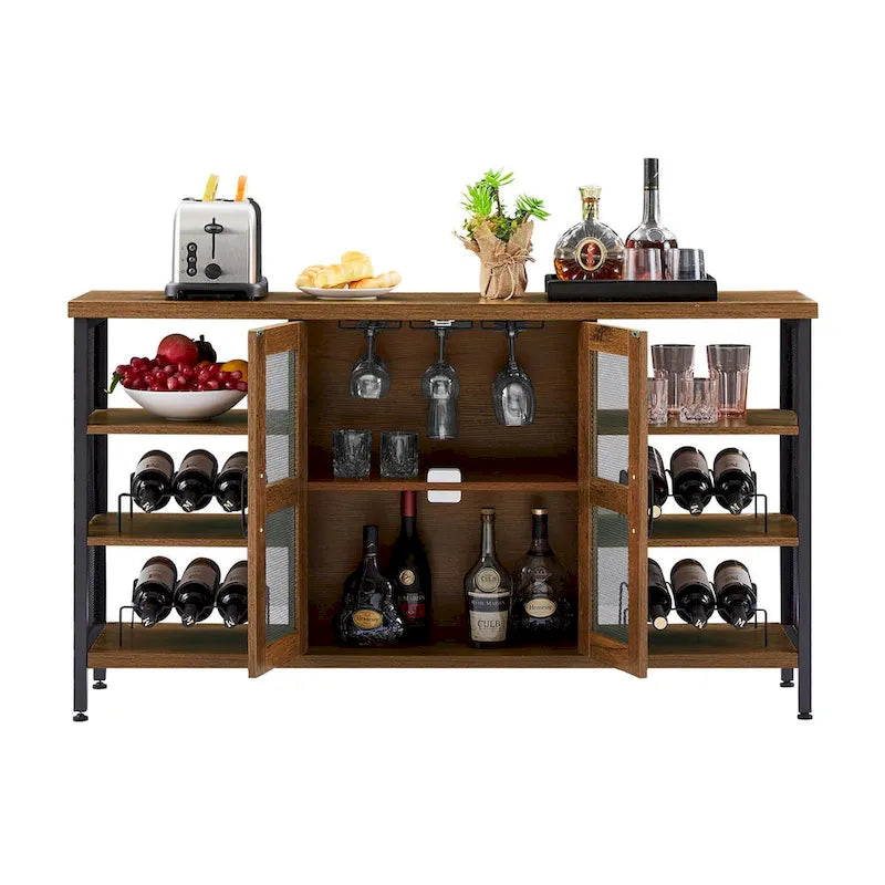 Mobile bar industriale per vini, Credenza porta liquori, Madia con portabottiglie e porta bicchieri 140 cm (L) x 35 cm (P) x 77 cm (A)