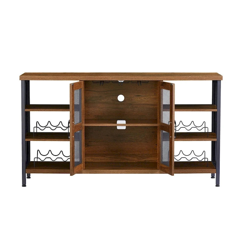 Mobile bar industriale per vini, Credenza porta liquori, Madia con portabottiglie e porta bicchieri 140 cm (L) x 35 cm (P) x 77 cm (A)