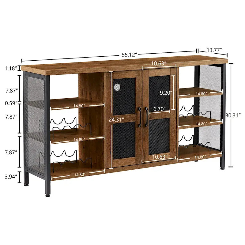 Mobile bar industriale per vini, Credenza porta liquori, Madia con portabottiglie e porta bicchieri 140 cm (L) x 35 cm (P) x 77 cm (A)