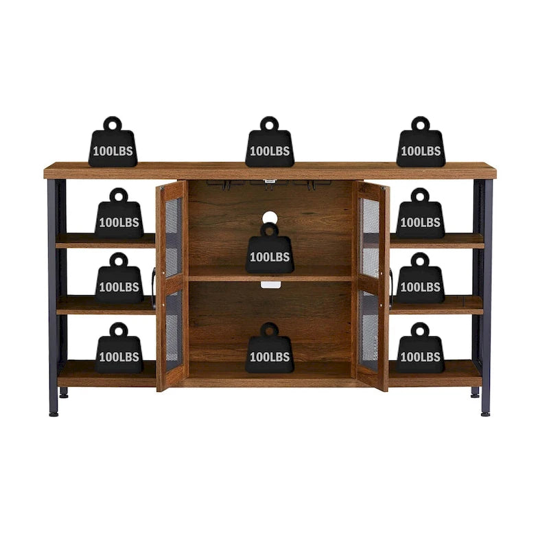 Mobile bar industriale per vini, Credenza porta liquori, Madia con portabottiglie e porta bicchieri 140 cm (L) x 35 cm (P) x 77 cm (A)