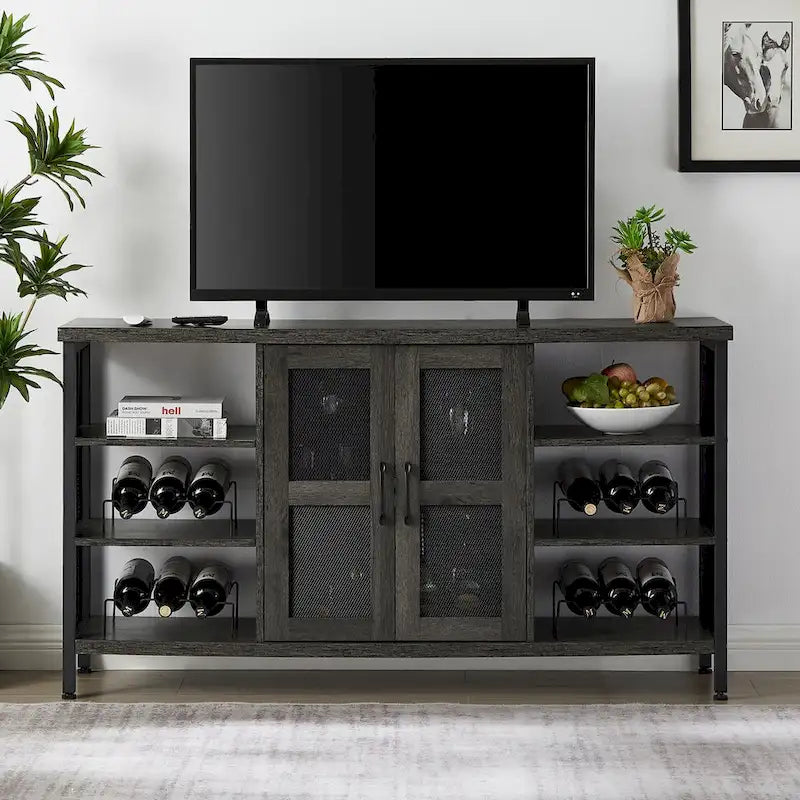 Mobile bar industriale per vini, Credenza porta liquori, Madia con portabottiglie e porta bicchieri 140 cm (L) x 35 cm (P) x 77 cm (A)