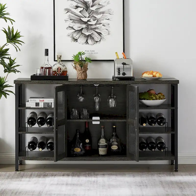 Mobile bar industriale per vini, Credenza porta liquori, Madia con portabottiglie e porta bicchieri 140 cm (L) x 35 cm (P) x 77 cm (A)