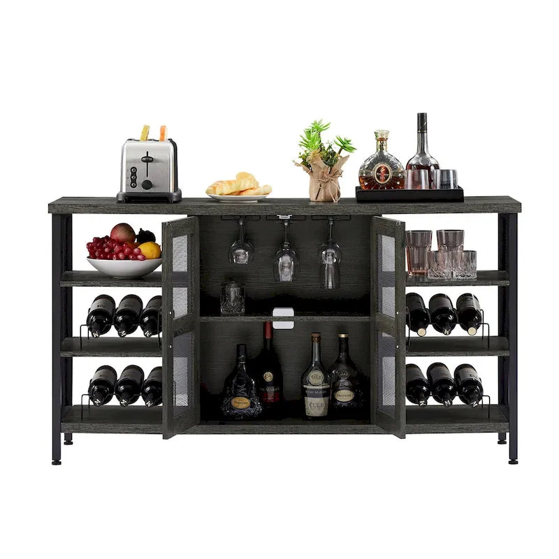 Mobile bar industriale per vini, Credenza porta liquori, Madia con portabottiglie e porta bicchieri 140 cm (L) x 35 cm (P) x 77 cm (A)