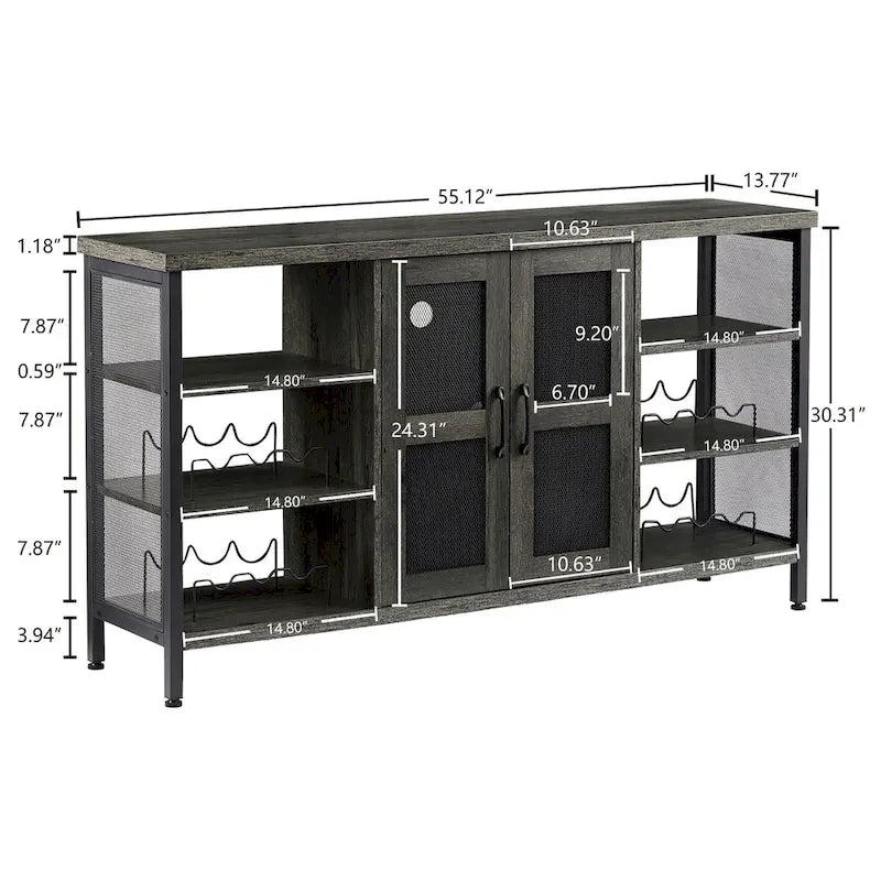 Mobile bar industriale per vini, Credenza porta liquori, Madia con portabottiglie e porta bicchieri 140 cm (L) x 35 cm (P) x 77 cm (A)