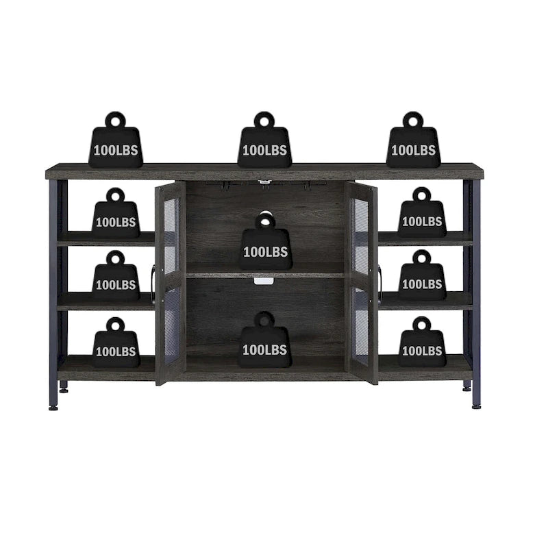Mobile bar industriale per vini, Credenza porta liquori, Madia con portabottiglie e porta bicchieri 140 cm (L) x 35 cm (P) x 77 cm (A)