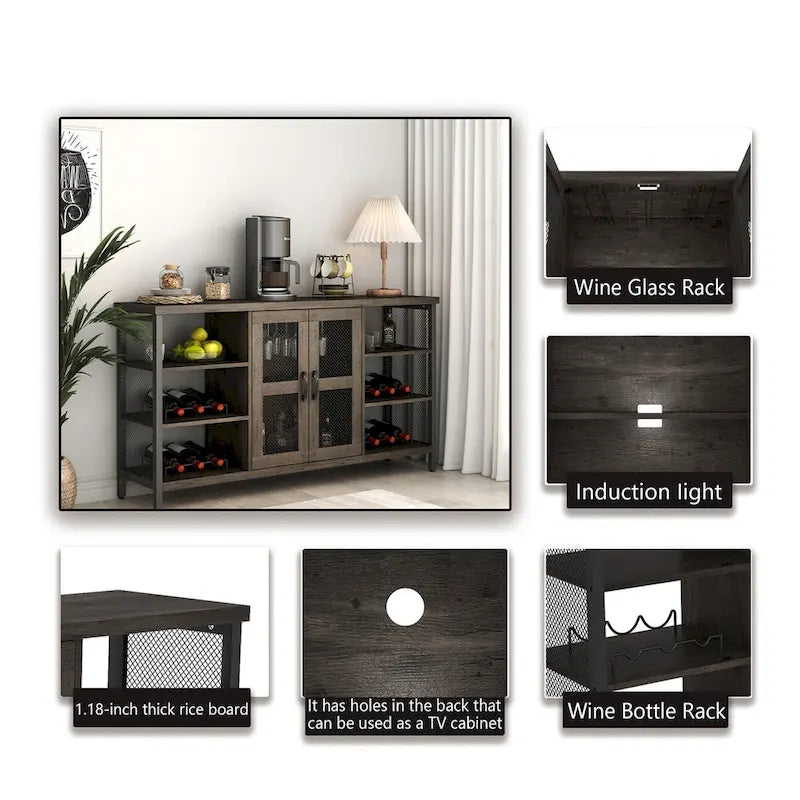 Mobile bar industriale per vini, Credenza porta liquori, Madia con portabottiglie e porta bicchieri 140 cm (L) x 35 cm (P) x 77 cm (A)