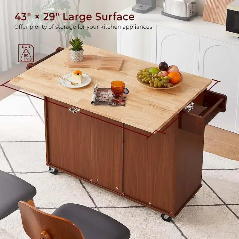 Carrello da Cucina con Isola 54, Tavolo da Cucina in Legno con 3 Cassetti e Portaspezie
