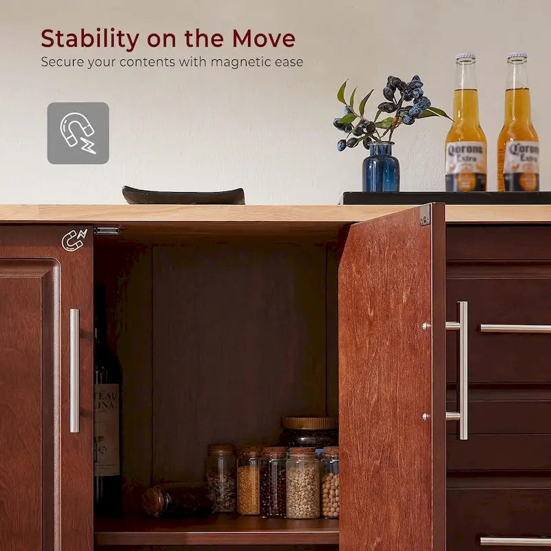 Carrello da Cucina con Isola 54, Tavolo da Cucina in Legno con 3 Cassetti e Portaspezie