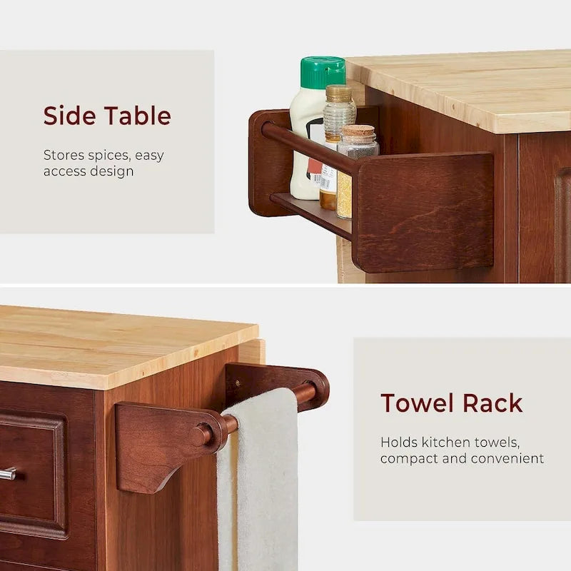Carrello da Cucina con Isola 54, Tavolo da Cucina in Legno con 3 Cassetti e Portaspezie