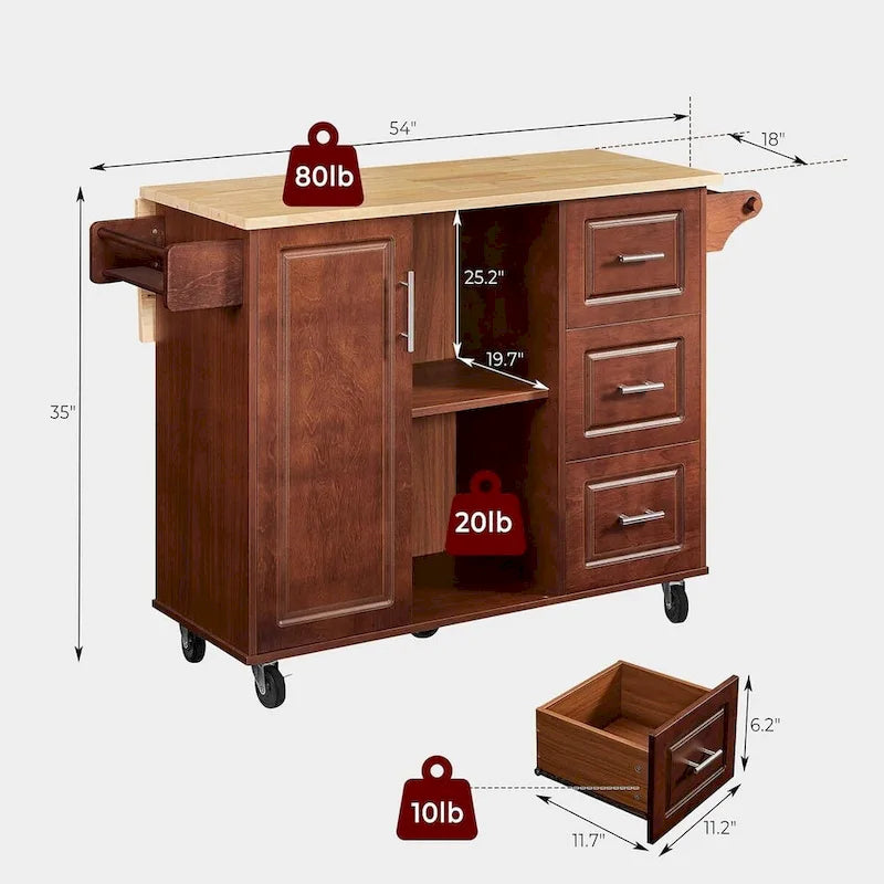 Carrello da Cucina con Isola 54, Tavolo da Cucina in Legno con 3 Cassetti e Portaspezie