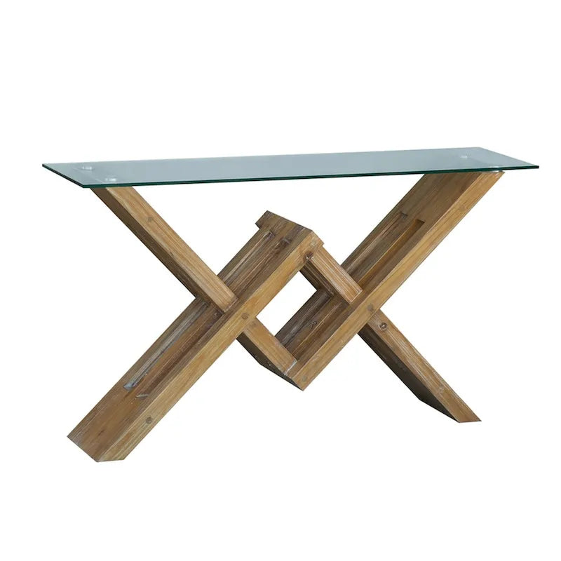 Consolle in Legno di Acacia Brunito con Piano in Vetro - 58x16x34