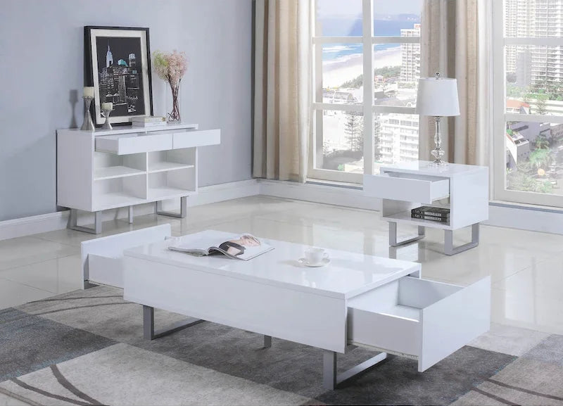 Tavolino a un cassetto bianco lucido con gambe a U