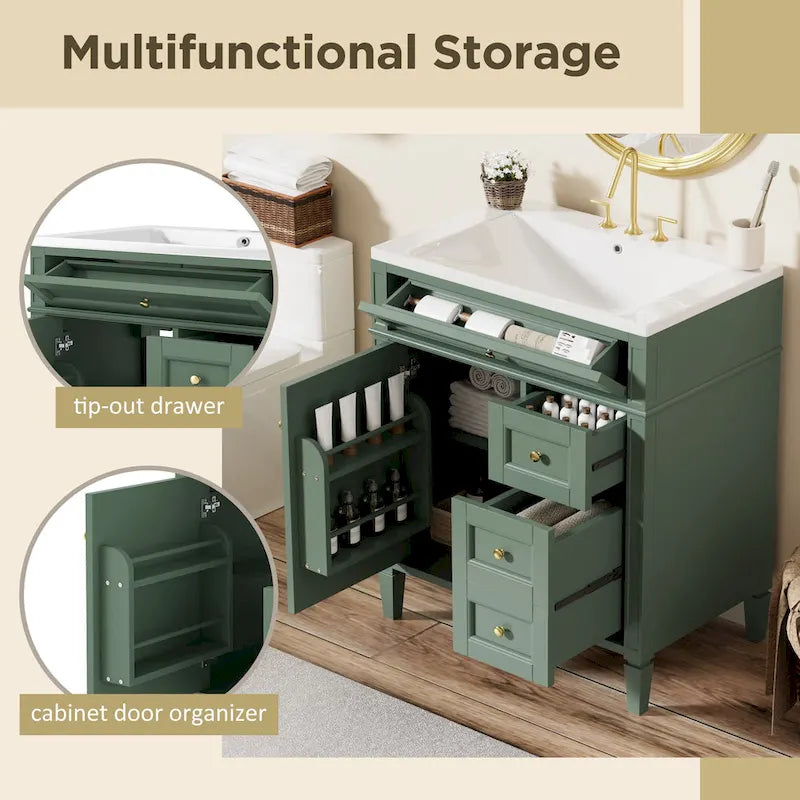 Mobile lavabo da bagno da 76 cm con lavello, mobile contenitore da bagno con 2 cassetti e un cassetto basculante, mobile lavabo a lavello singolo