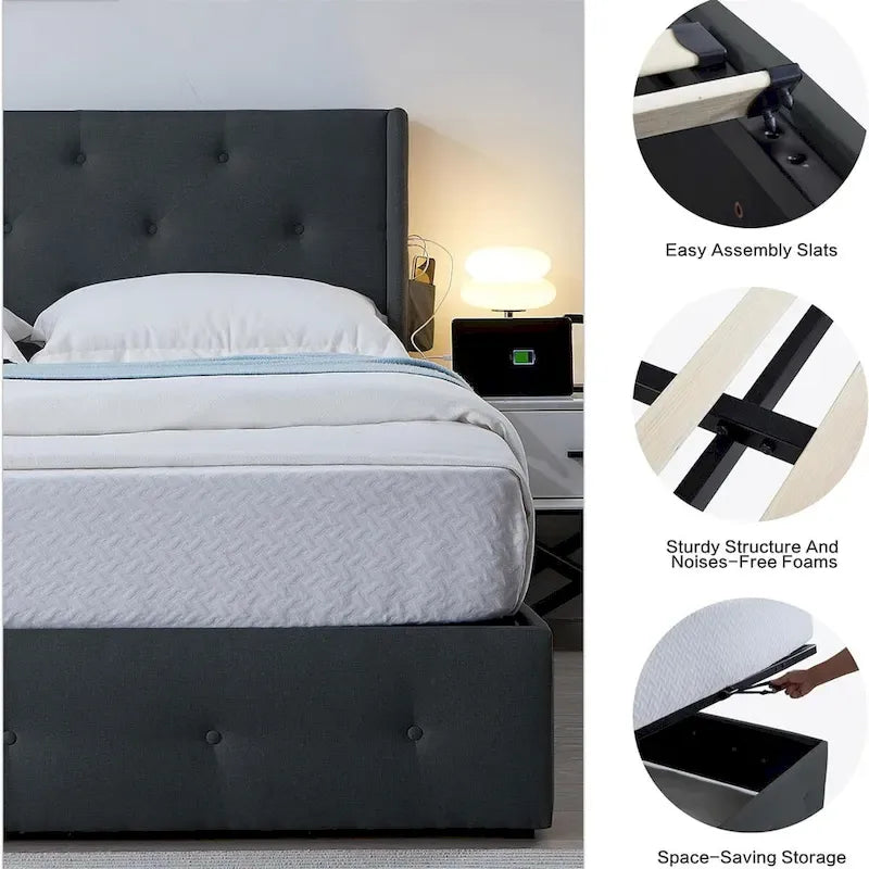 Struttura Letto Matrimoniale con Contenitore a Gas e Porte USB