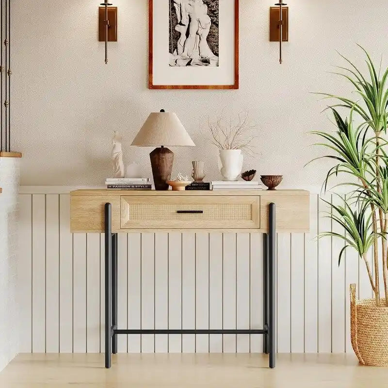 Consolle, Tavolini da divano in rattan con cassetto portaoggetti