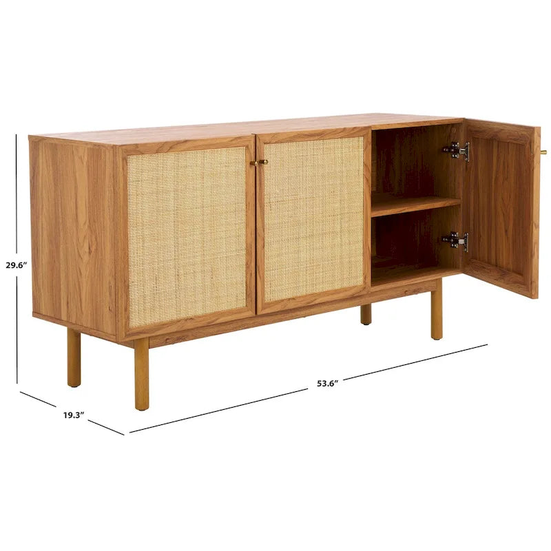 Madia TV 3 ante con inserto in rattan e finitura legno