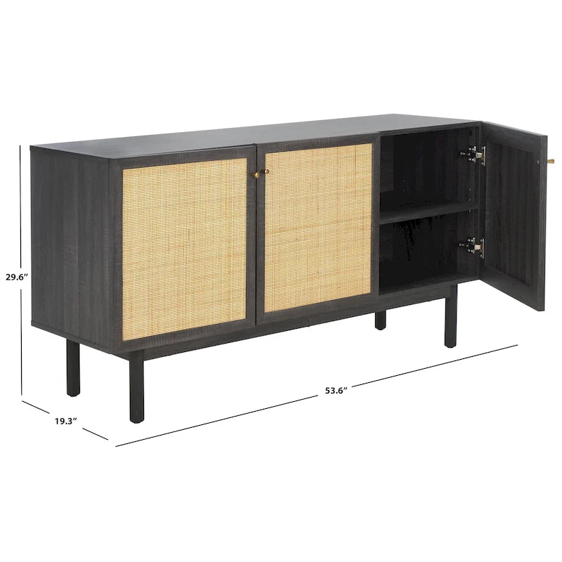 Madia TV 3 ante con inserto in rattan e finitura legno