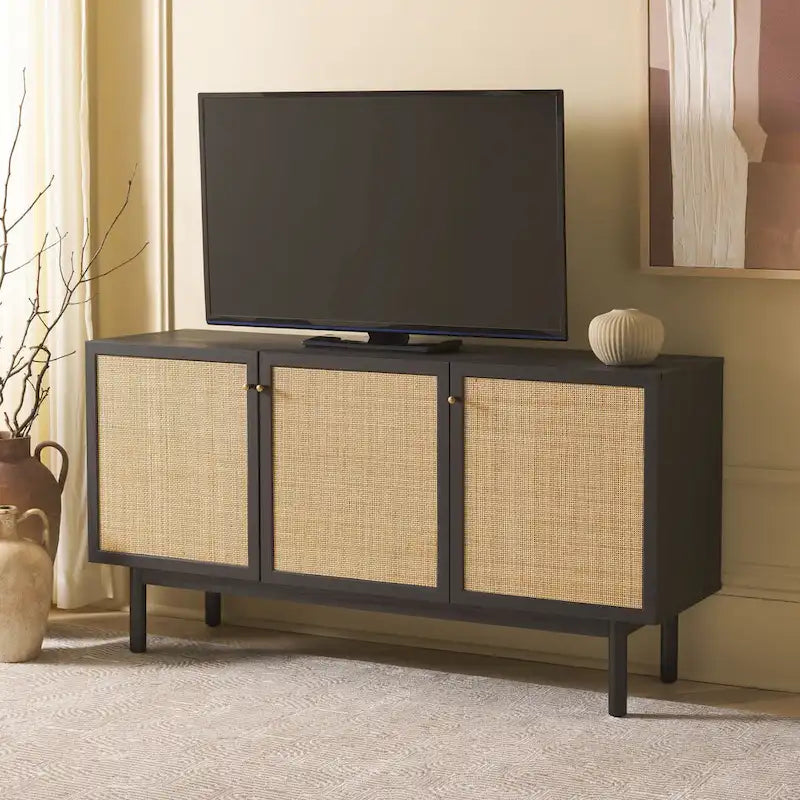 Madia TV 3 ante con inserto in rattan e finitura legno